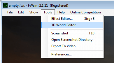 Opening the 3D World Editor in FWsim.